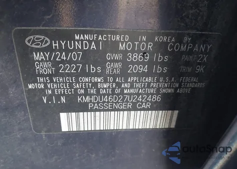 2007 Hyundai Elantra Gls/Limited/Se from USA, damaged, VIN KMHDU46D27U242486